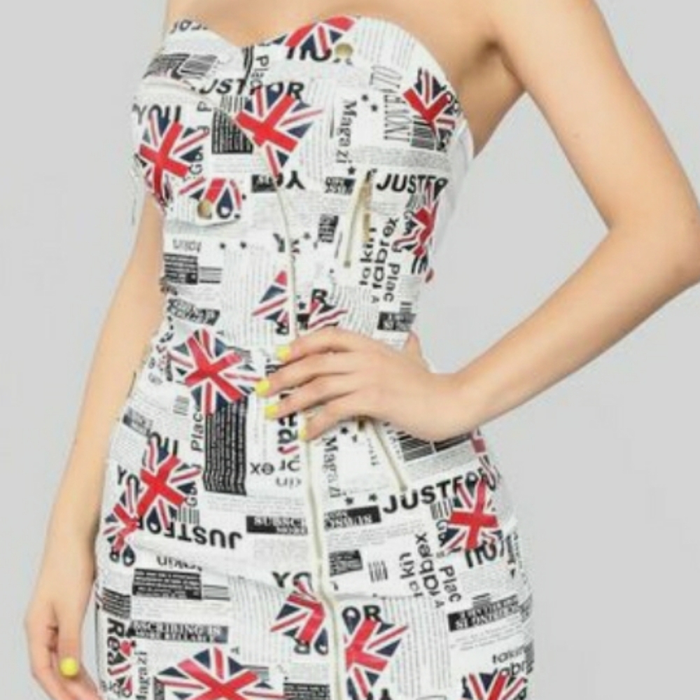 Moto Mini Dress Strapless Newspaper print